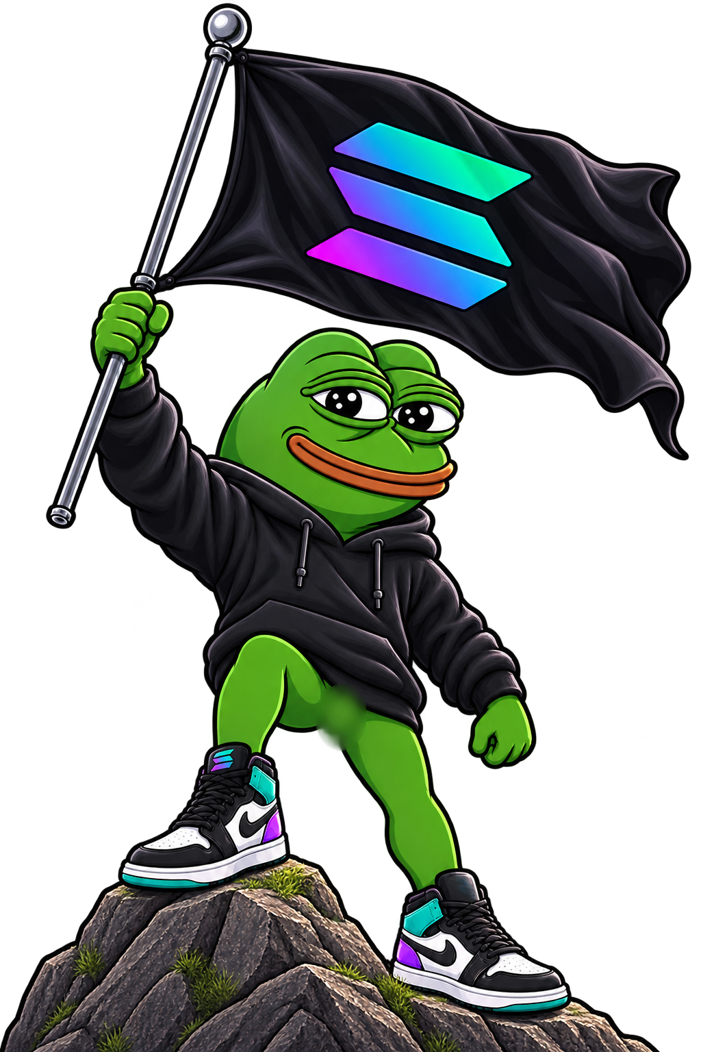 PEPE holding a Solana flag