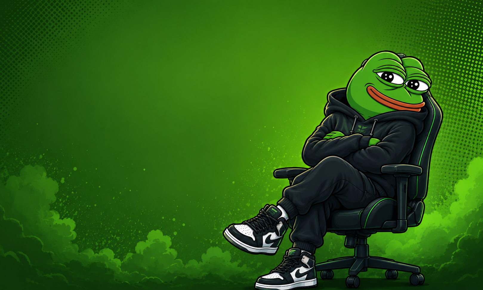 PEPE relaxing in a gaming chair